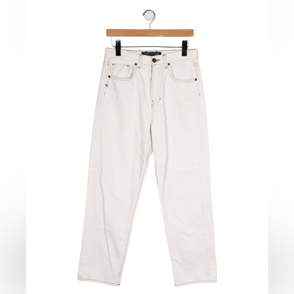 VERONICA BEARD Blake Straight Leg Jean in Ecru Contrast Stitching Size 28